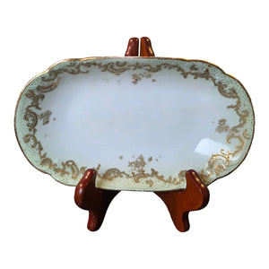 Antique Elite Works Limoges 8.5" Relish Dish - Gilded Scrolls & Celadon Dot Border