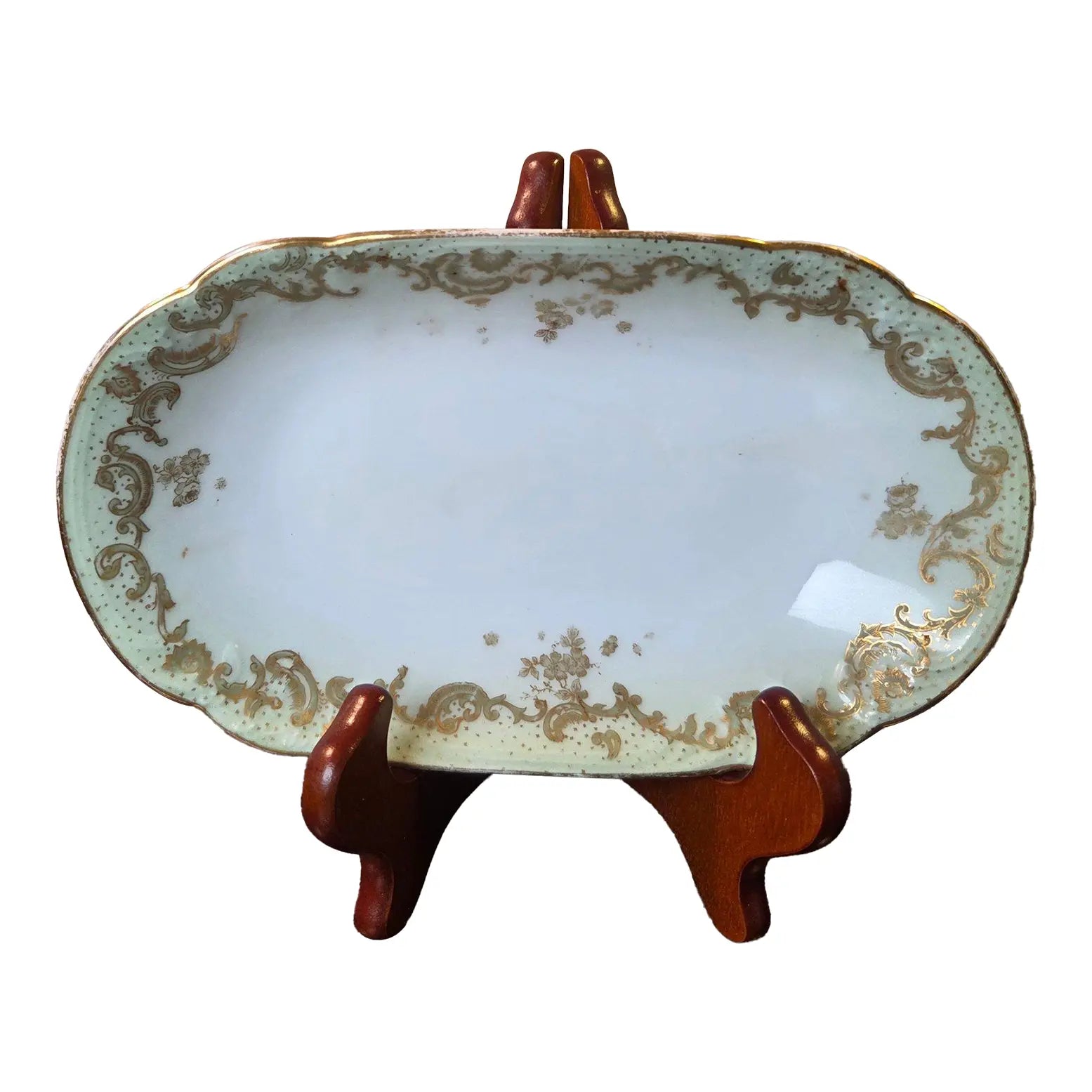 Antique Elite Works Limoges 8.5" Relish Dish - Gilded Scrolls & Celadon Dot Border