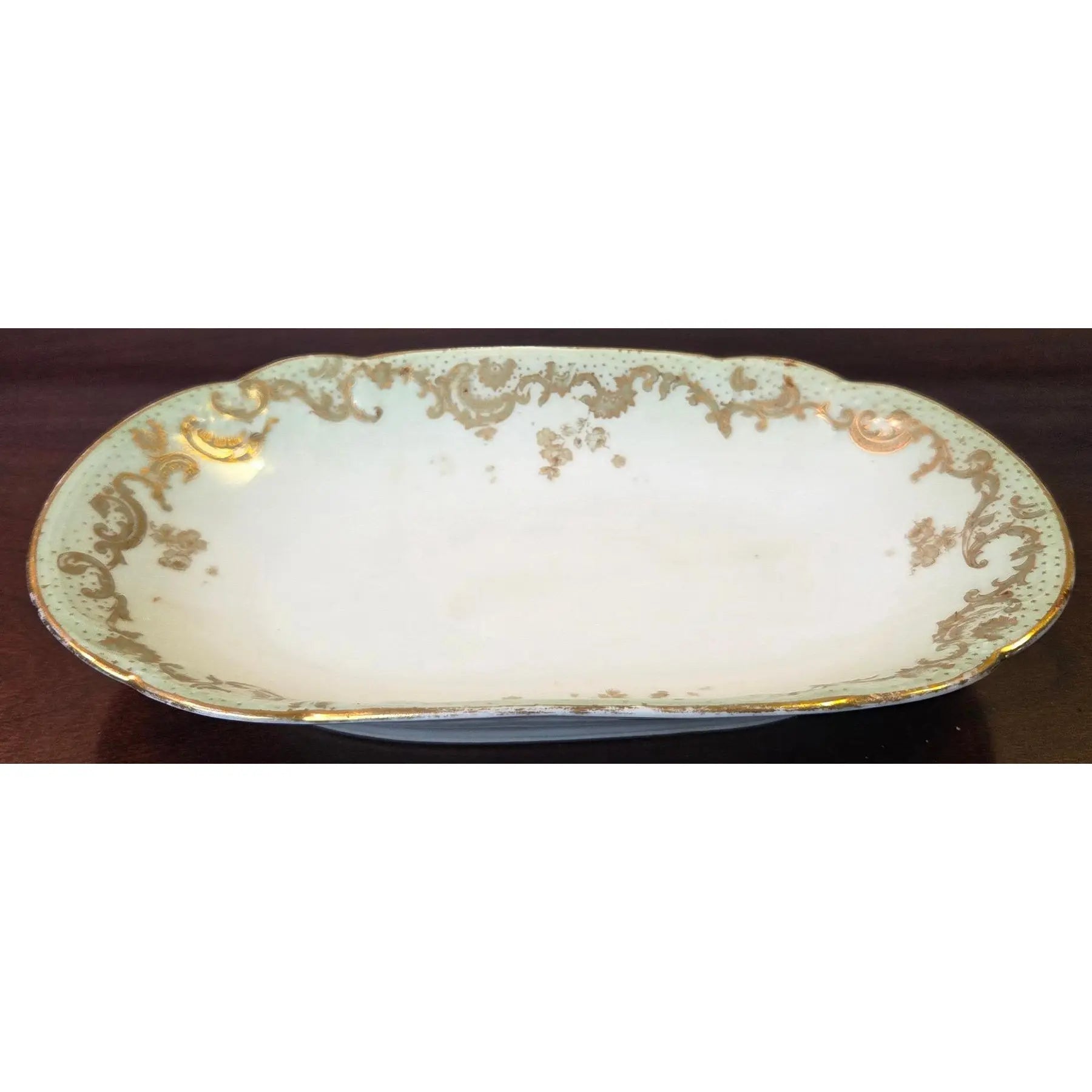 Antique Elite Works Limoges 8.5" Relish Dish - Gilded Scrolls & Celadon Dot Border