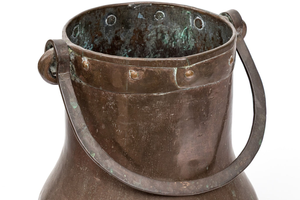 Antique Hand-Forged Copper Hearth Pot with Brass Rivet Detail