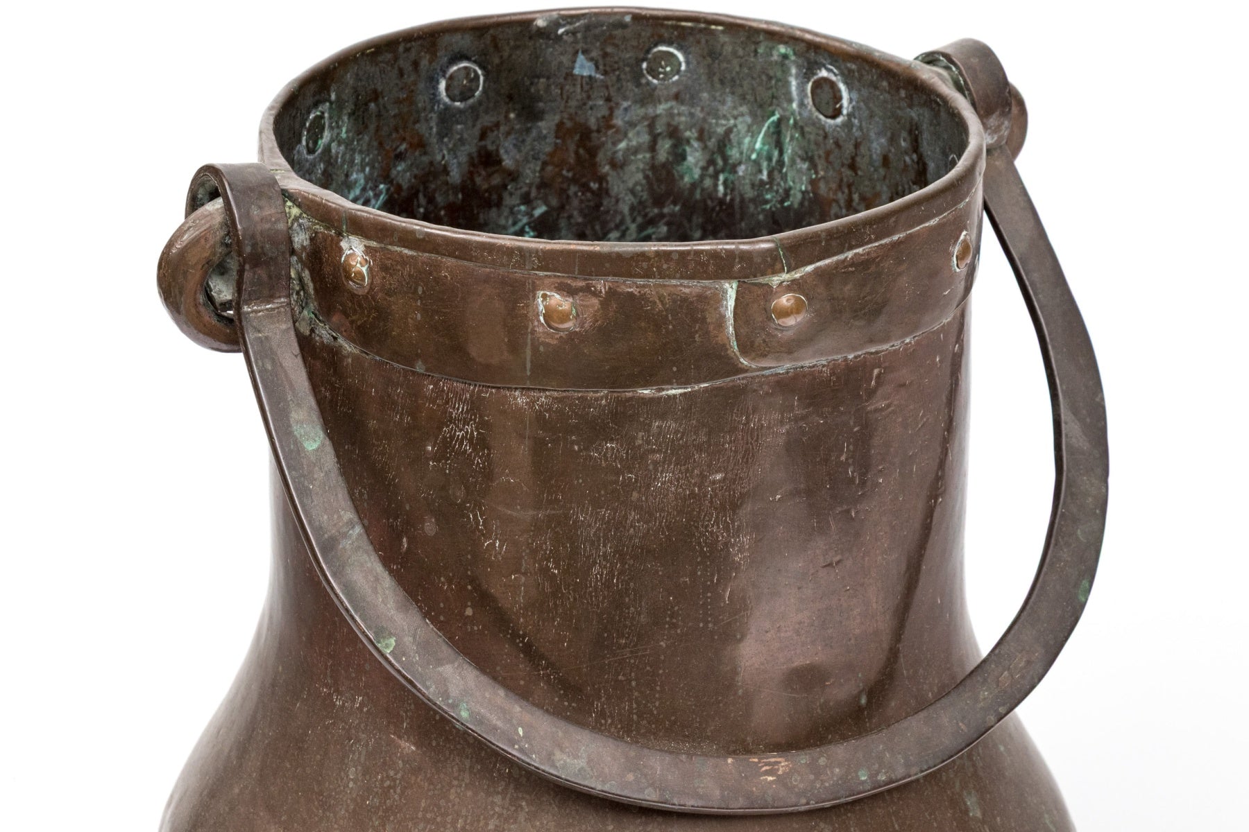 Antique Hand-Forged Copper Hearth Pot with Brass Rivet Detail