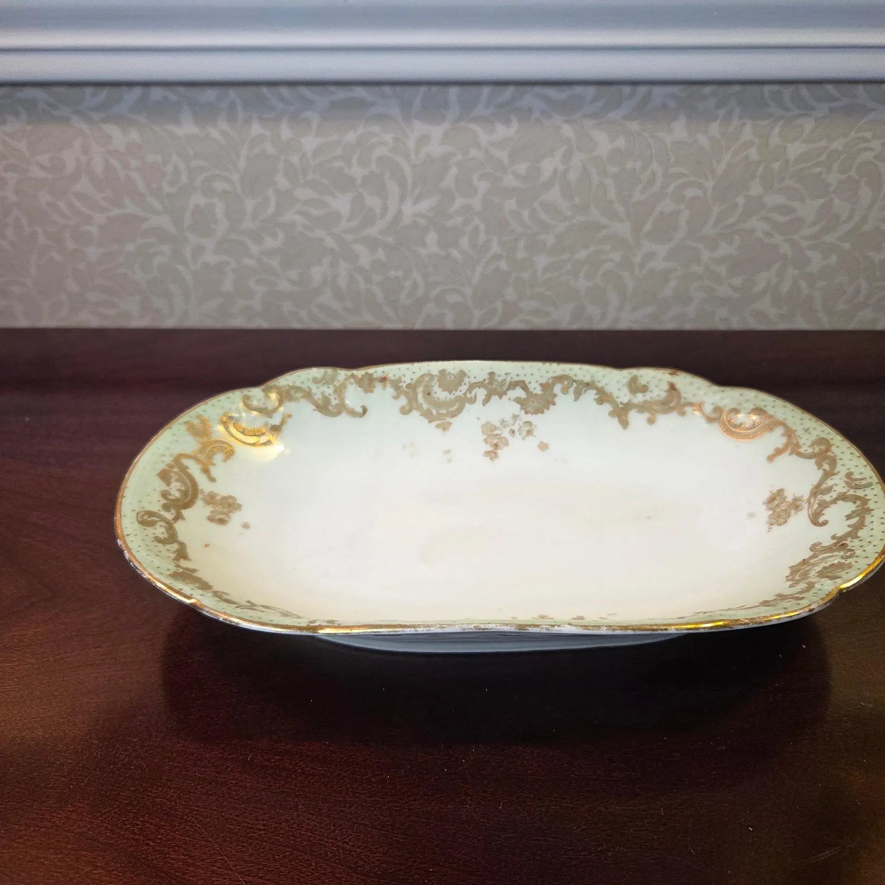 Antique Elite Works Limoges 8.5" Relish Dish - Gilded Scrolls & Celadon Dot Border