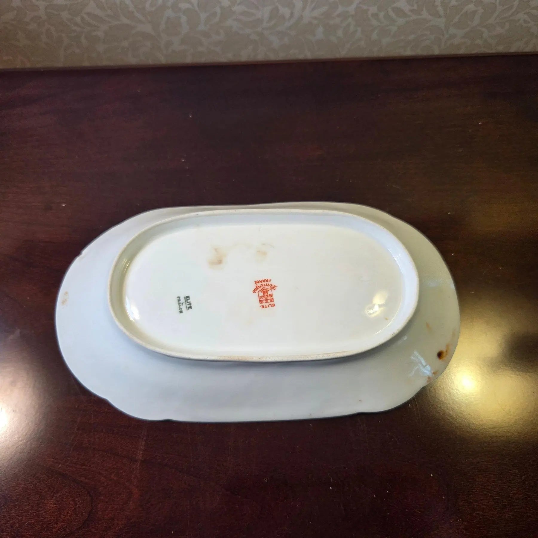 Antique Elite Works Limoges 8.5" Relish Dish - Gilded Scrolls & Celadon Dot Border