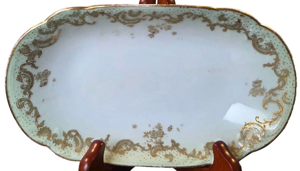Antique Elite Works Limoges 8.5" Relish Dish - Gilded Scrolls & Celadon Dot Border