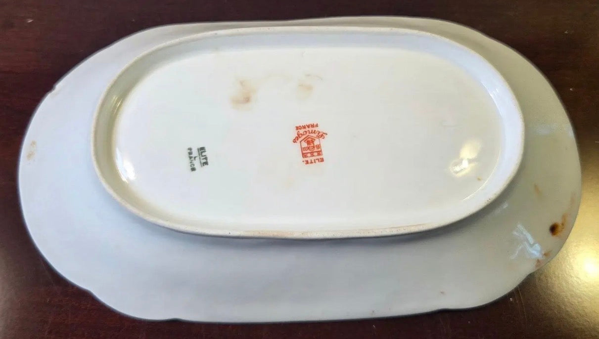 Antique Elite Works Limoges 8.5" Relish Dish - Gilded Scrolls & Celadon Dot Border