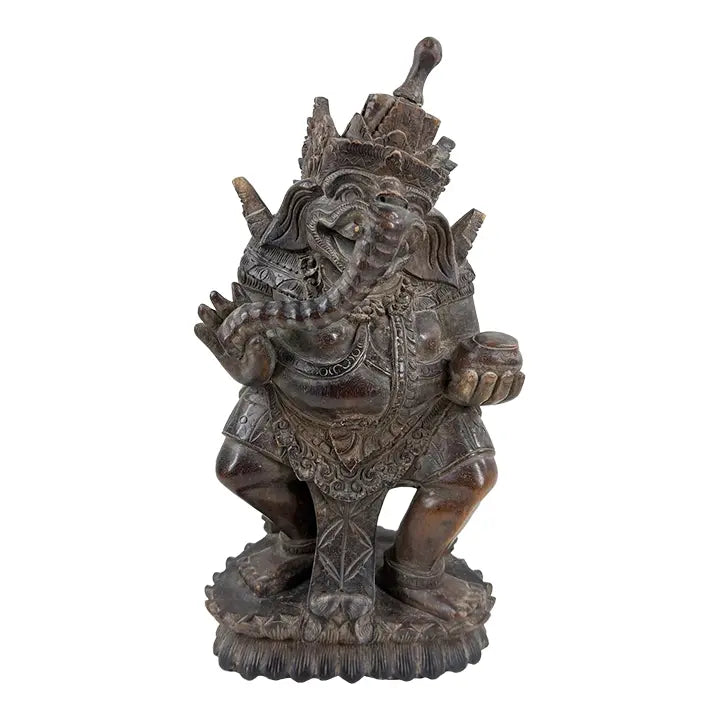 Detailed 12" Vintage Balinese Hand-Carved Ganesha Wood Sculpture