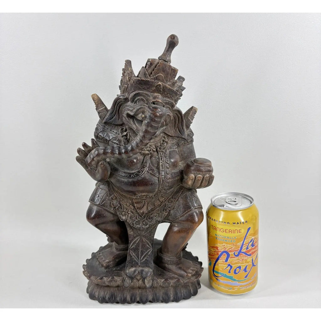 Detailed 12" Vintage Balinese Hand-Carved Ganesha Wood Sculpture