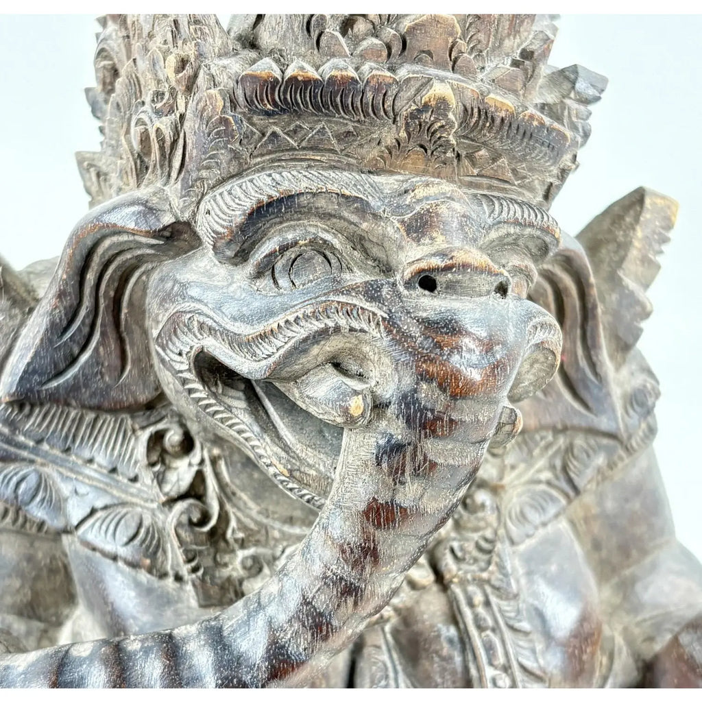 Detailed 12" Vintage Balinese Hand-Carved Ganesha Wood Sculpture
