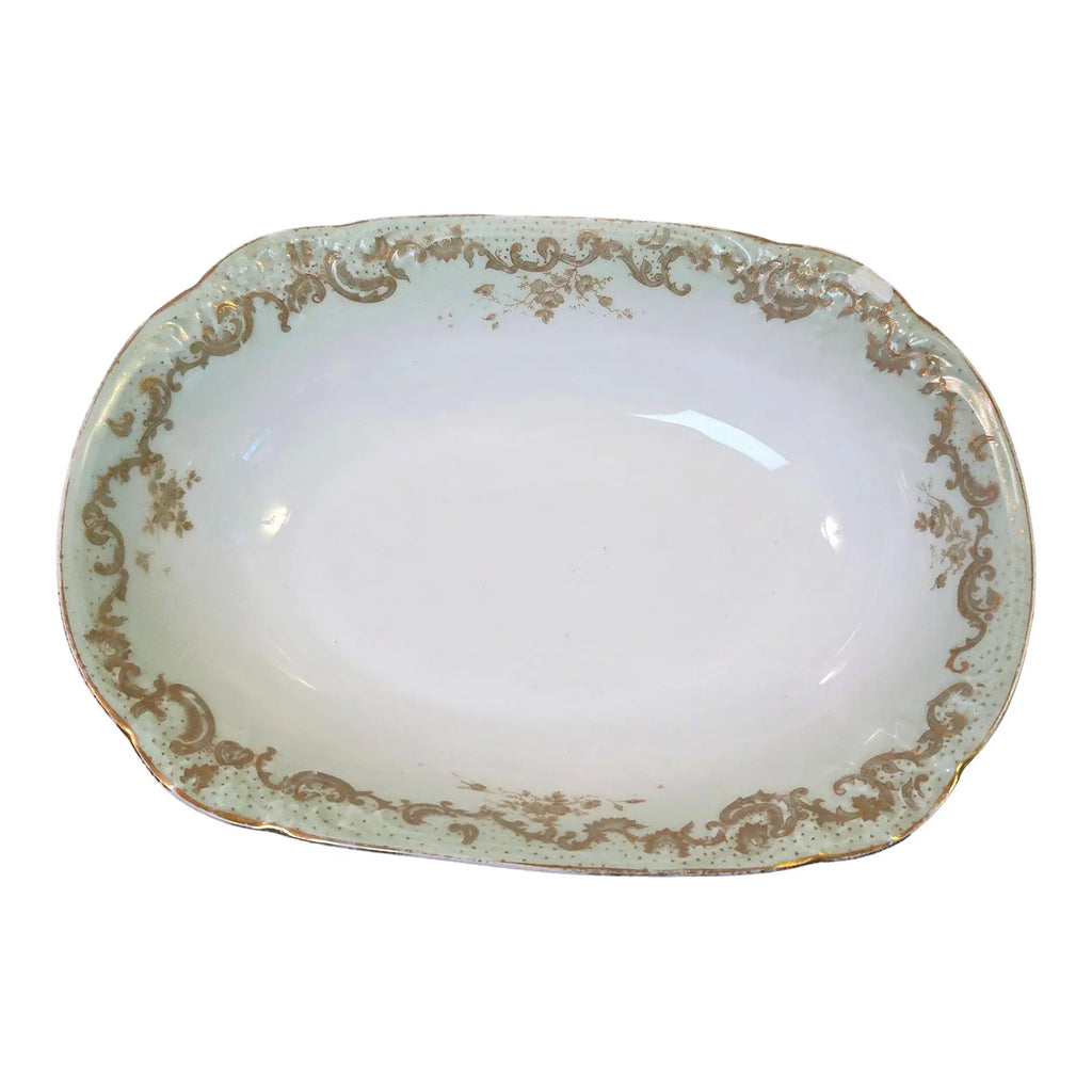Antique Elite Works Limoges 10" Oval Serving Bowl - Gilded Scrolls & Celadon Dot Border