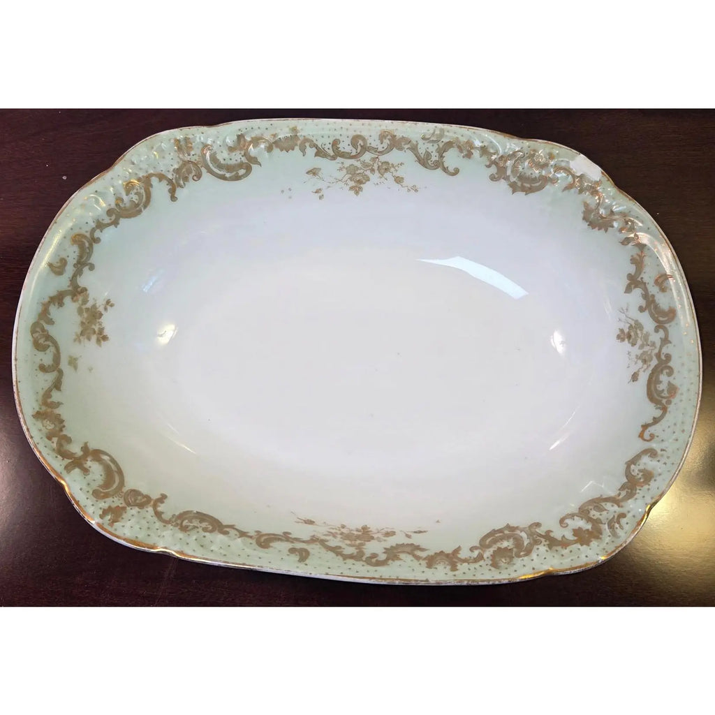 Antique Elite Works Limoges 10" Oval Serving Bowl - Gilded Scrolls & Celadon Dot Border
