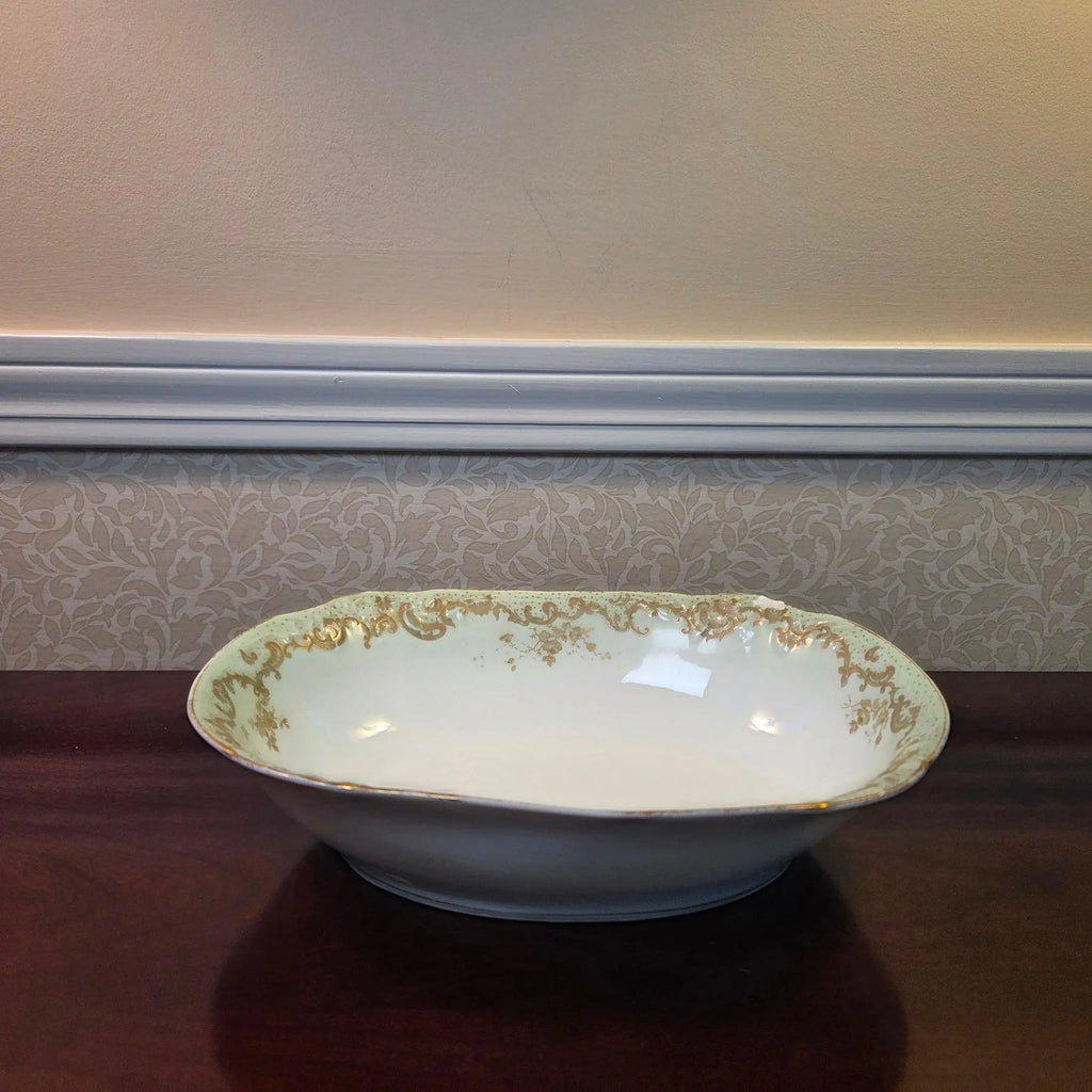 Antique Elite Works Limoges 10" Oval Serving Bowl - Gilded Scrolls & Celadon Dot Border