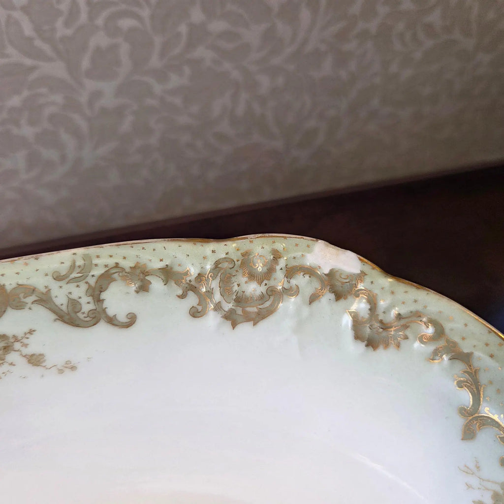 Antique Elite Works Limoges 10" Oval Serving Bowl - Gilded Scrolls & Celadon Dot Border