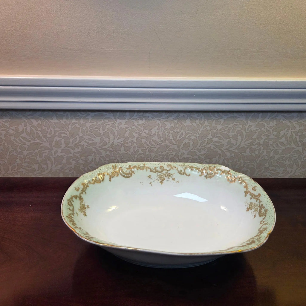 Antique Elite Works Limoges 10" Oval Serving Bowl - Gilded Scrolls & Celadon Dot Border