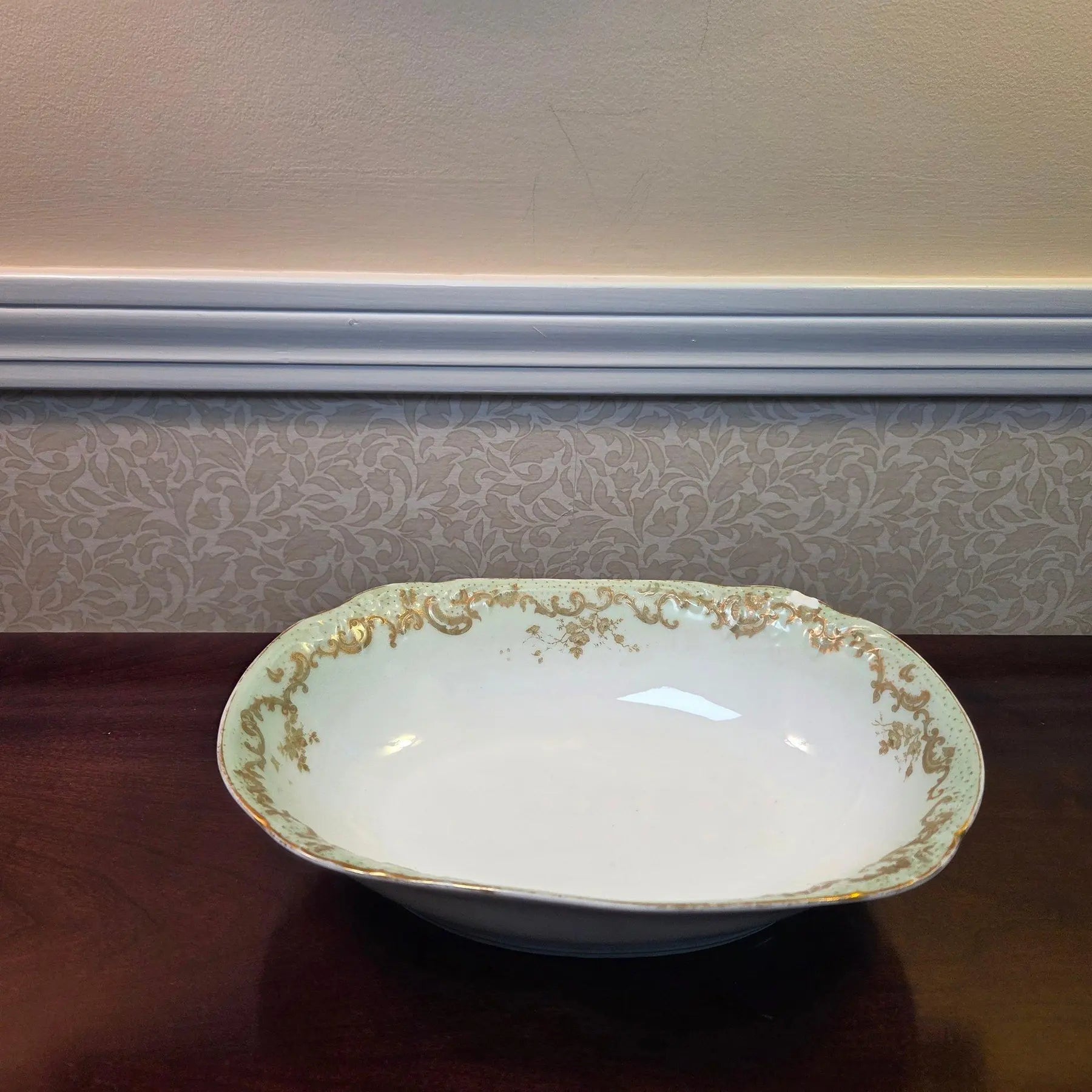 Antique Elite Works Limoges 10" Oval Serving Bowl - Gilded Scrolls & Celadon Dot Border