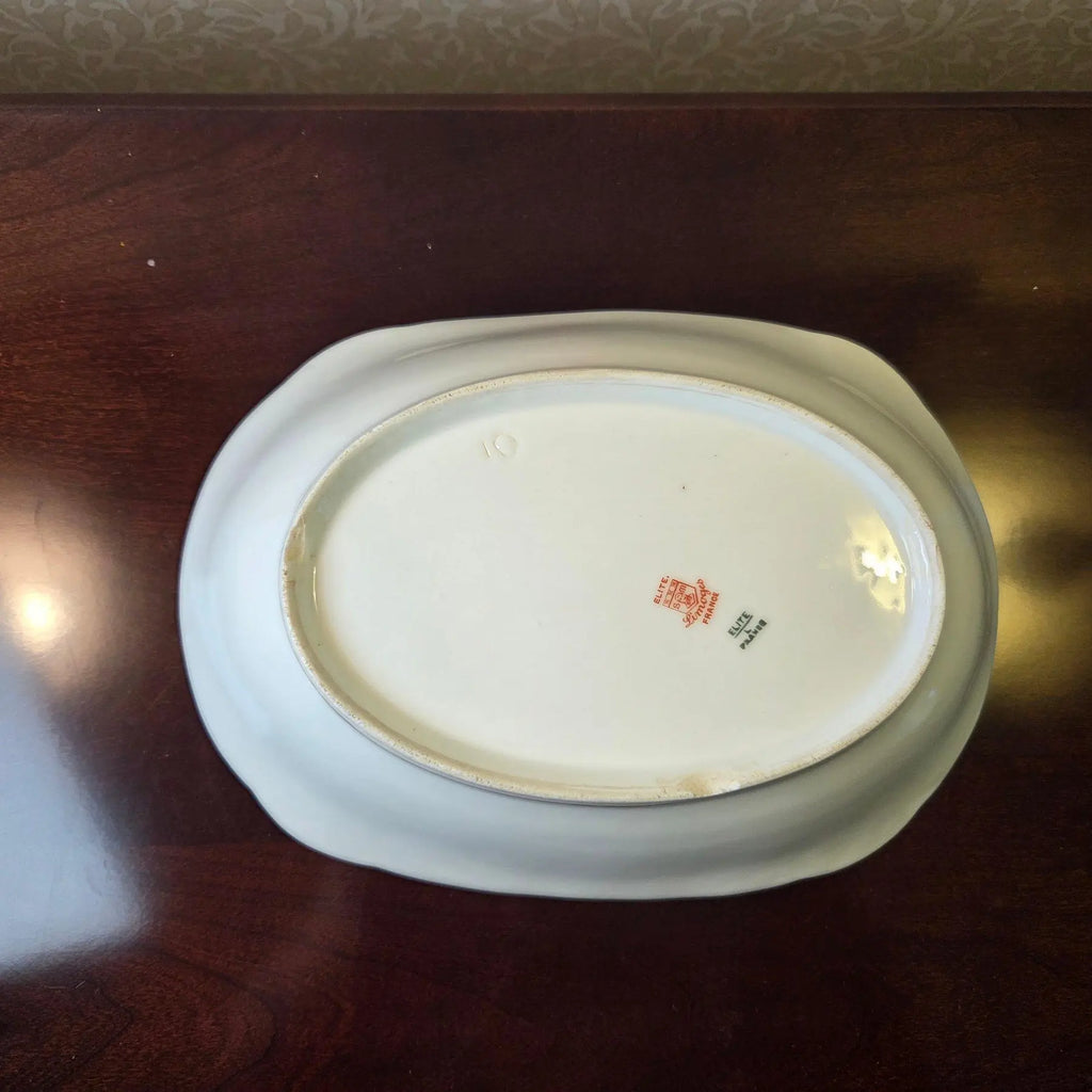 Antique Elite Works Limoges 10" Oval Serving Bowl - Gilded Scrolls & Celadon Dot Border