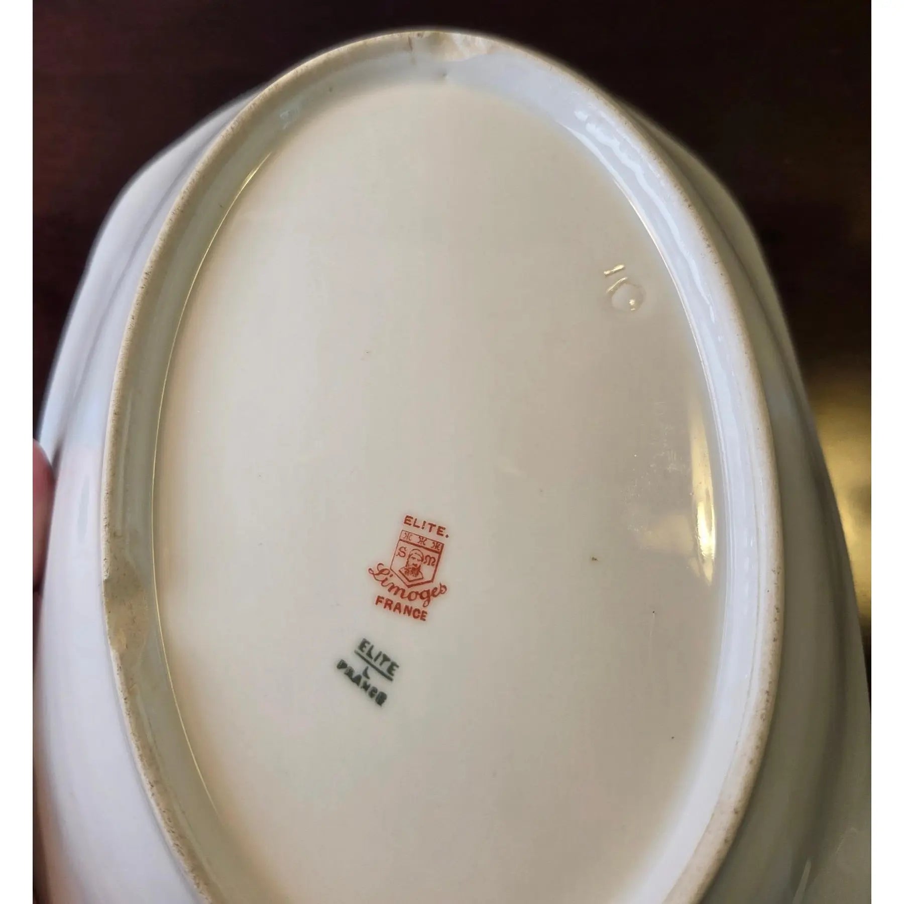 Antique Elite Works Limoges 10" Oval Serving Bowl - Gilded Scrolls & Celadon Dot Border