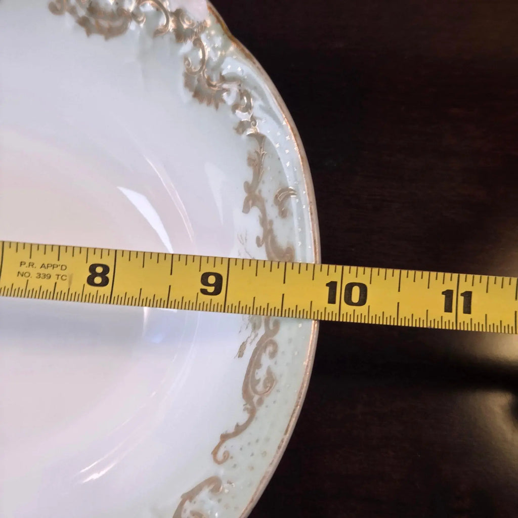 Antique Elite Works Limoges 10" Oval Serving Bowl - Gilded Scrolls & Celadon Dot Border