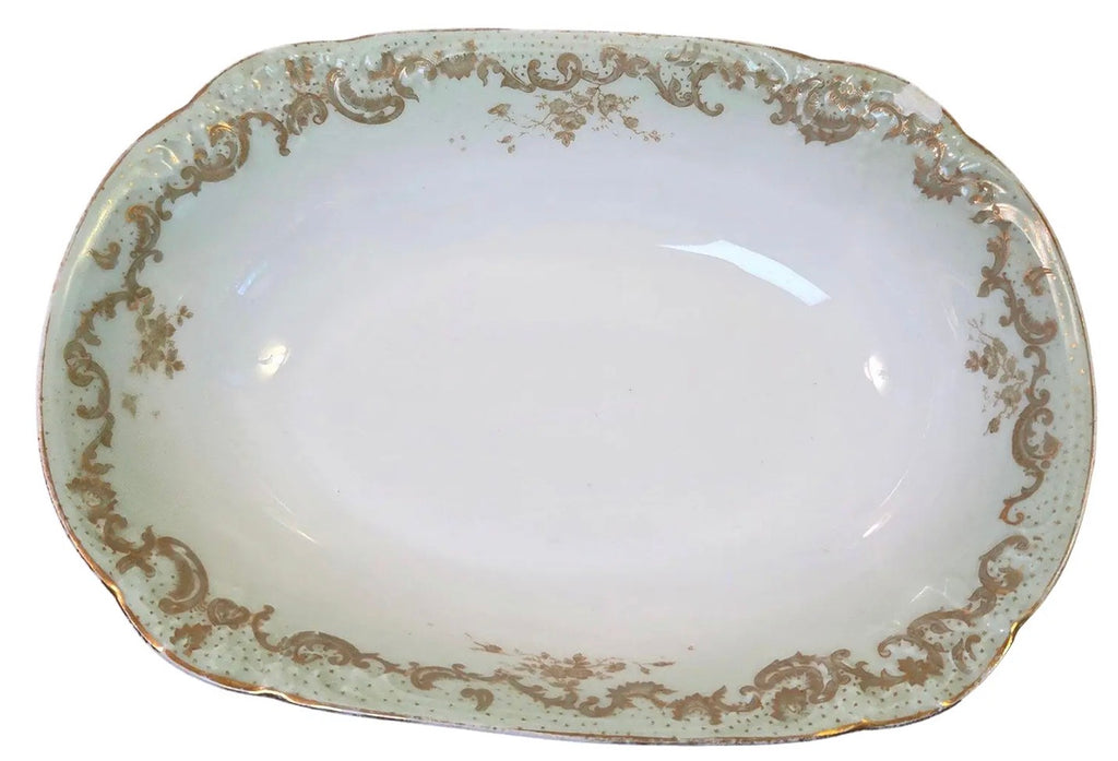 Antique Elite Works Limoges 10" Oval Serving Bowl - Gilded Scrolls & Celadon Dot Border