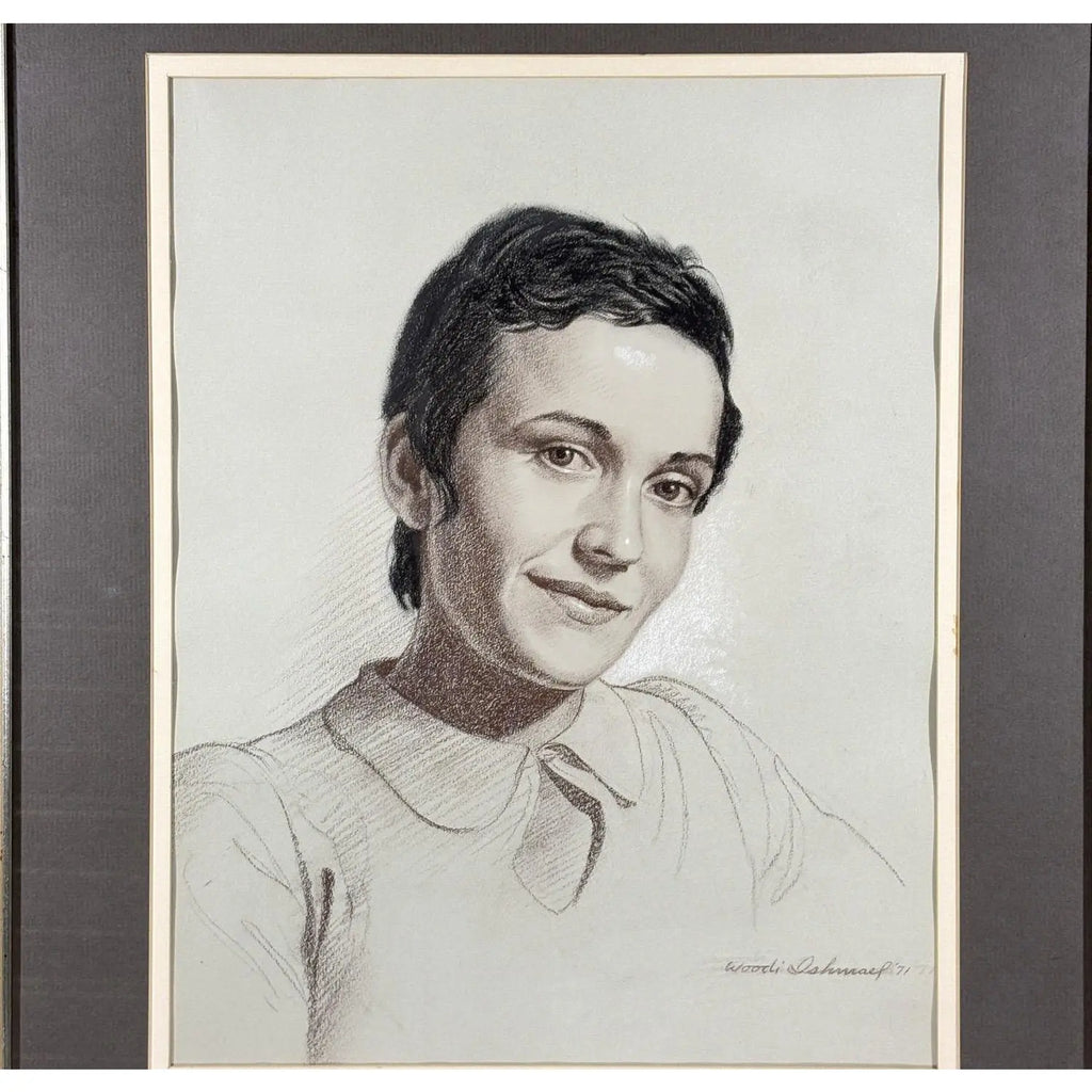 Woodi Ishmael Signed 1971 Charcoal and Pastel Portrait of a Woman
