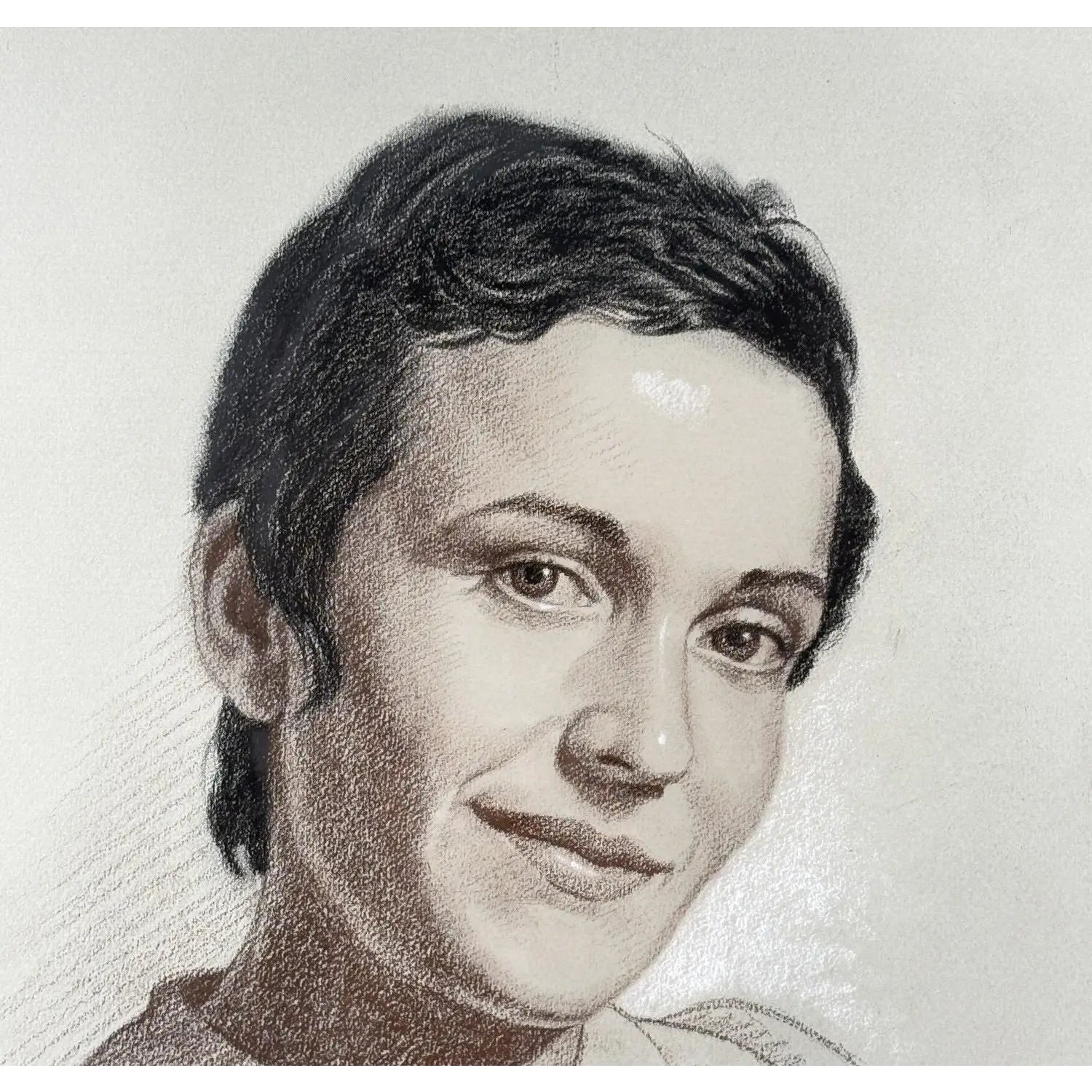 Woodi Ishmael Signed 1971 Charcoal and Pastel Portrait of a Woman