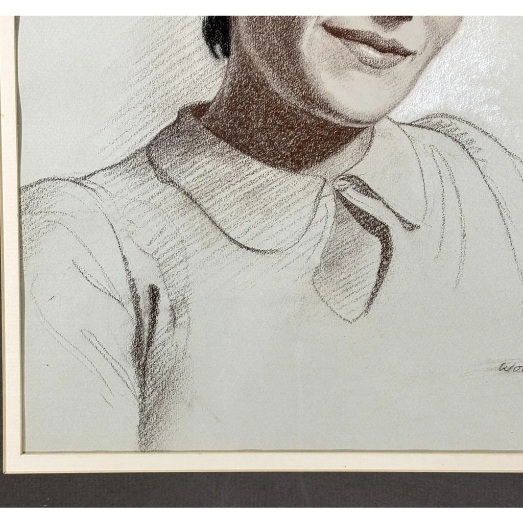 Woodi Ishmael Signed 1971 Charcoal and Pastel Portrait of a Woman
