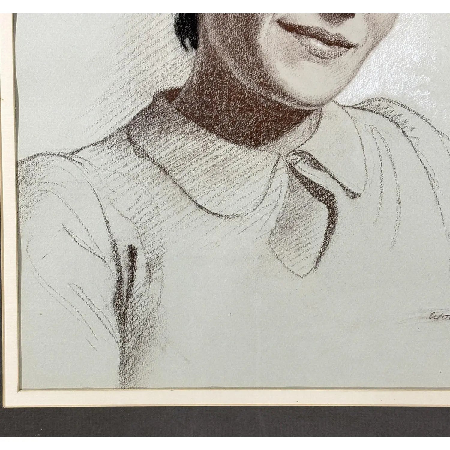 Woodi Ishmael Signed 1971 Charcoal and Pastel Portrait of a Woman