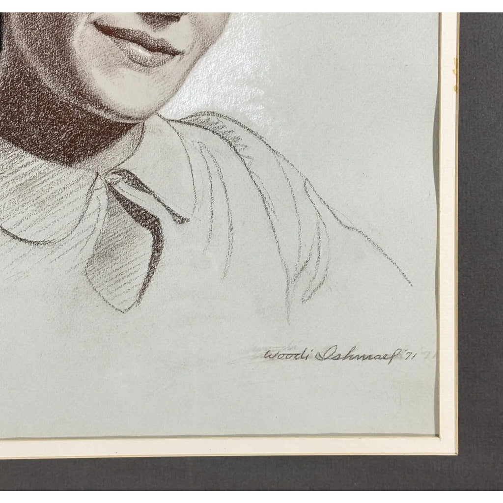 Woodi Ishmael Signed 1971 Charcoal and Pastel Portrait of a Woman