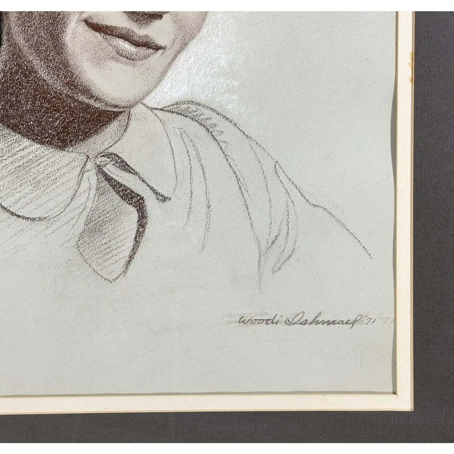 Woodi Ishmael Signed 1971 Charcoal and Pastel Portrait of a Woman