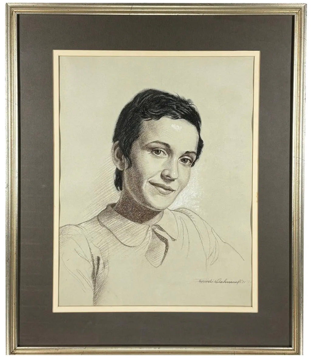 Woodi Ishmael Signed 1971 Charcoal and Pastel Portrait of a Woman