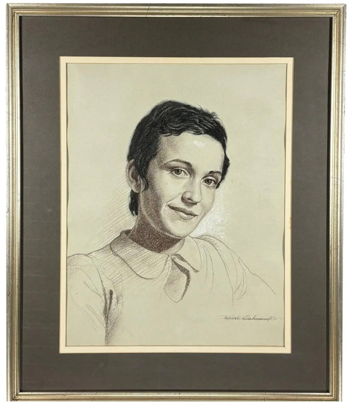 Woodi Ishmael Signed 1971 Charcoal and Pastel Portrait of a Woman