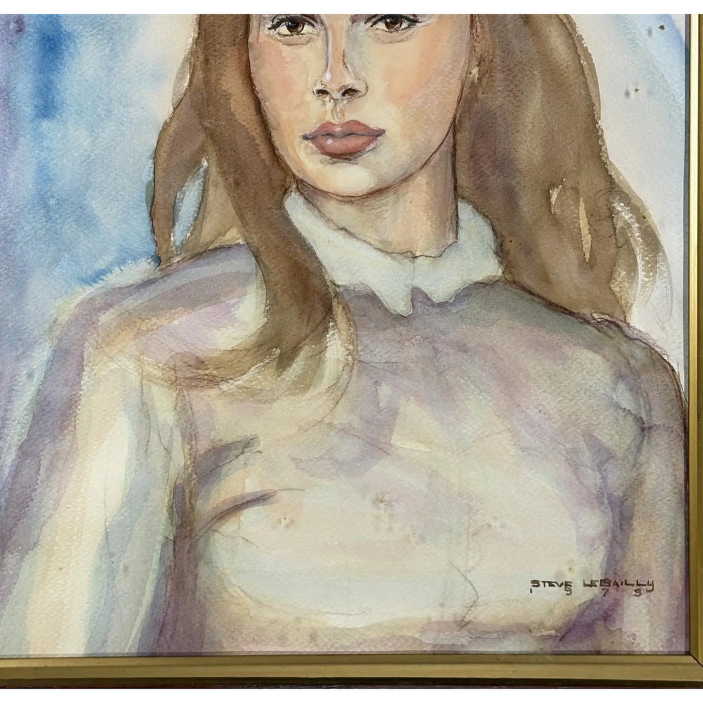 1979 Signed Steve LeBailly Original Watercolor – "Lady in Lavender" Figurative Portrait