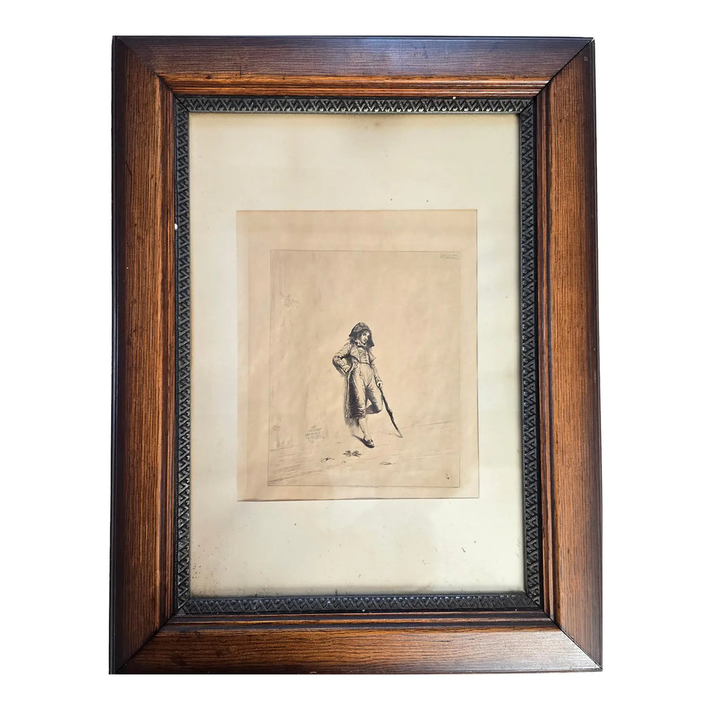 1883 Original Etching The Loafer by Ignaz Marcel Gaugengigl in Ornate Antique Wood Frame