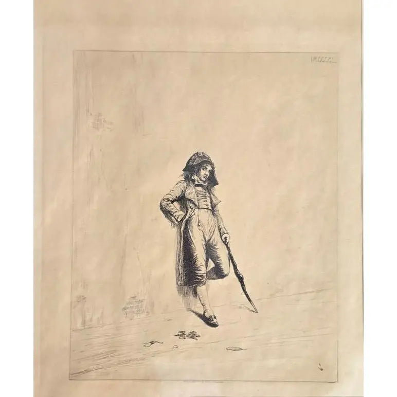 1883 Original Etching The Loafer by Ignaz Marcel Gaugengigl in Ornate Antique Wood Frame