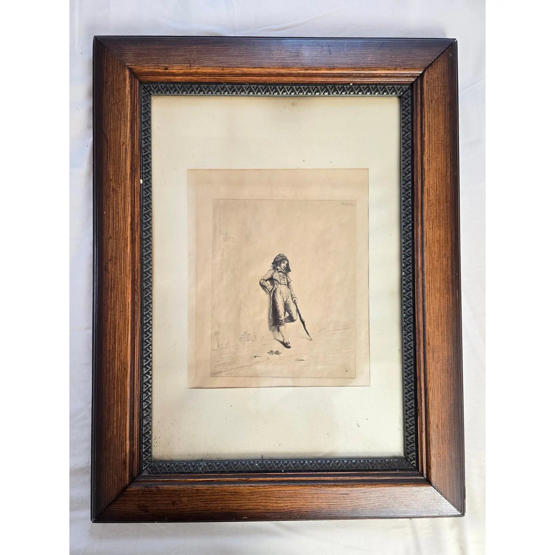 1883 Original Etching The Loafer by Ignaz Marcel Gaugengigl in Ornate Antique Wood Frame