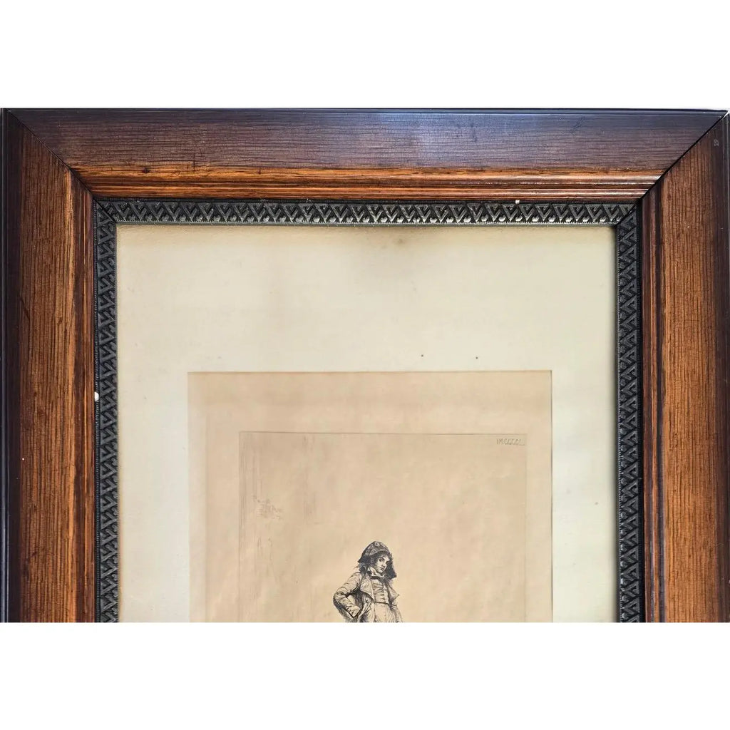 1883 Original Etching The Loafer by Ignaz Marcel Gaugengigl in Ornate Antique Wood Frame
