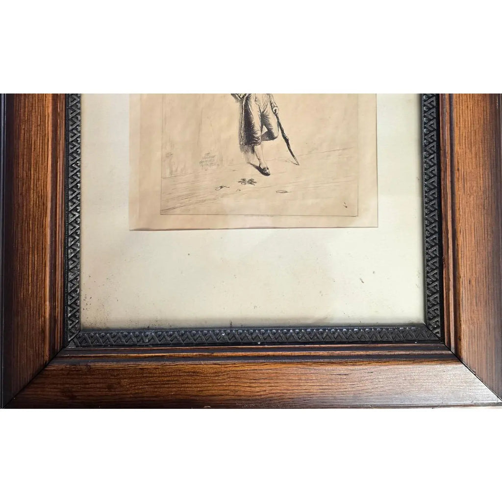 1883 Original Etching The Loafer by Ignaz Marcel Gaugengigl in Ornate Antique Wood Frame