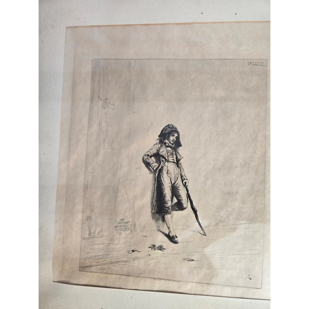1883 Original Etching The Loafer by Ignaz Marcel Gaugengigl in Ornate Antique Wood Frame