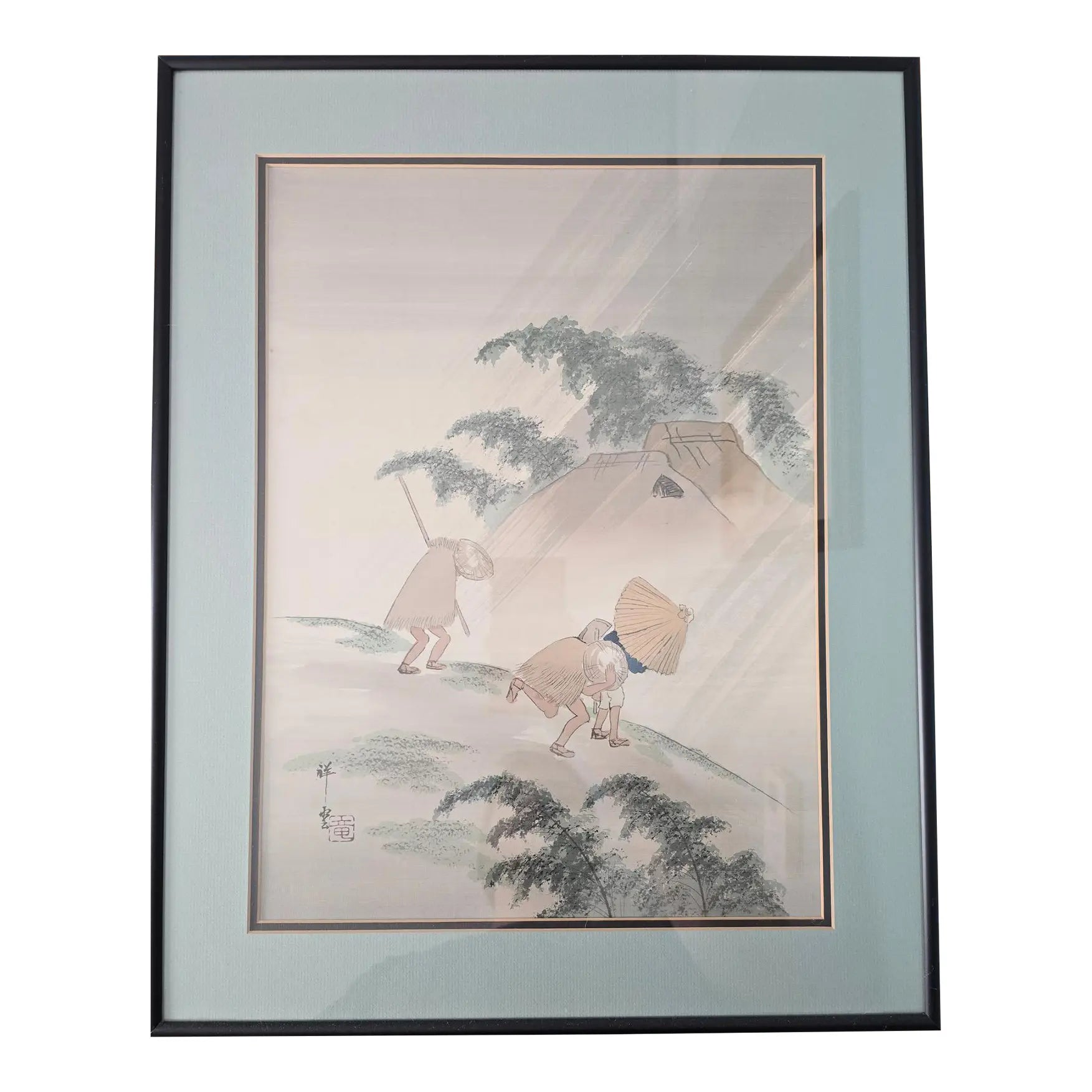 Vintage Japanese Silk Painting Signed Shoun, Travelers in Rain Nihonga Watercolor, Japandi Wall Art, Zen Landscape Decor ain