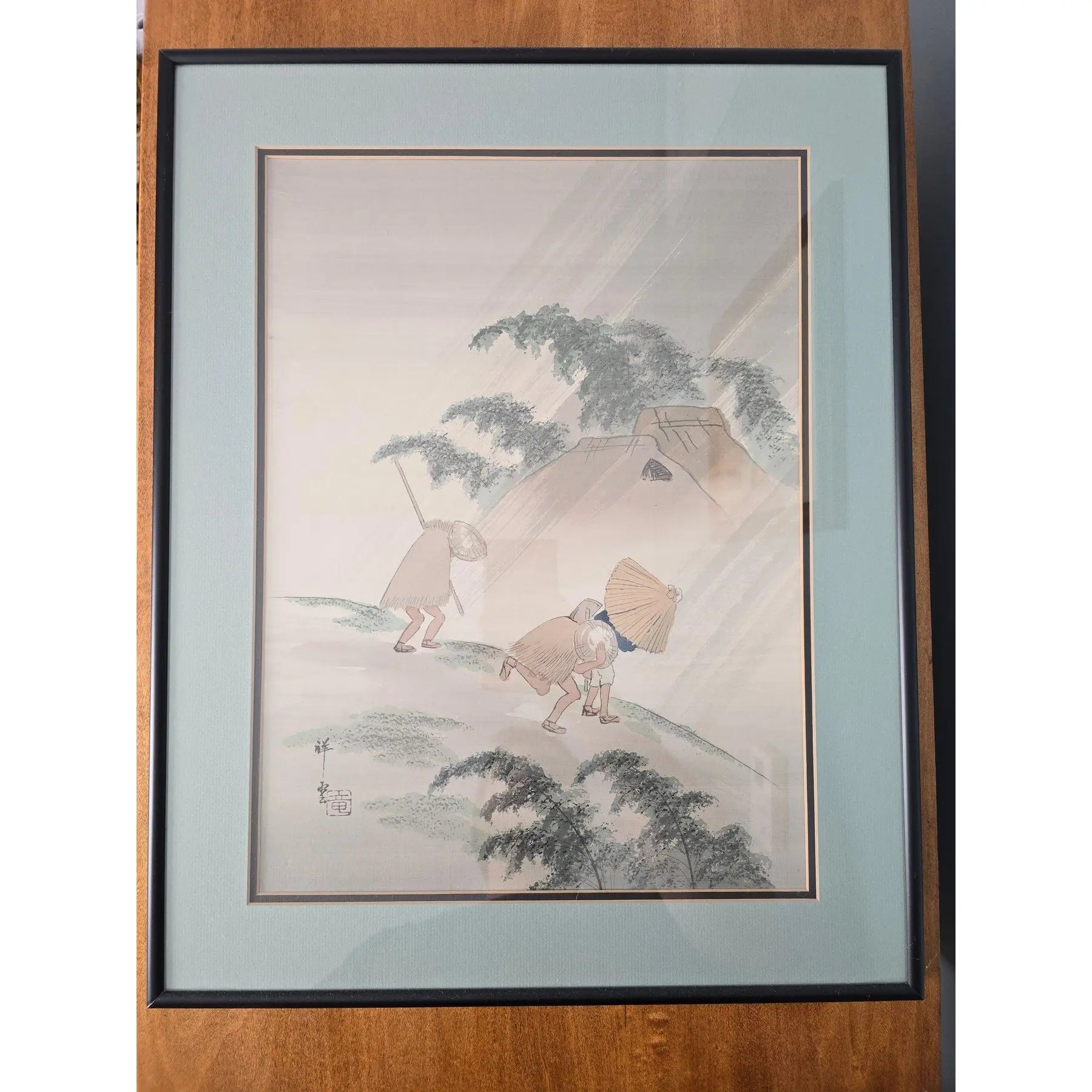Vintage Japanese Silk Painting Signed Shoun, Travelers in Rain Nihonga Watercolor, Japandi Wall Art, Zen Landscape Decor ain