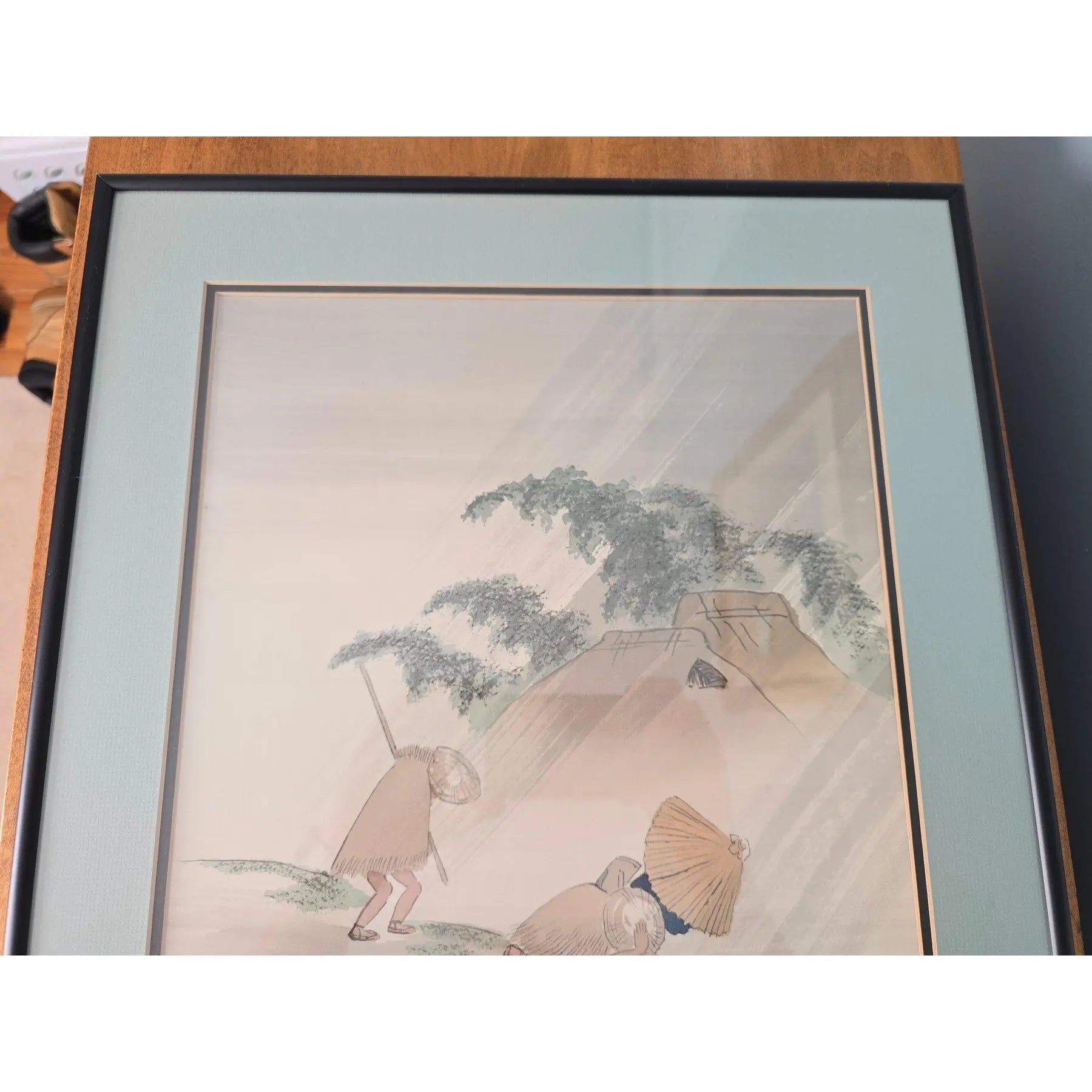 Vintage Japanese Silk Painting Signed Shoun, Travelers in Rain Nihonga Watercolor, Japandi Wall Art, Zen Landscape Decor ain