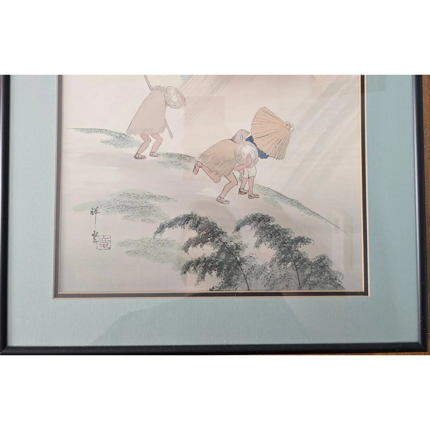 Vintage Japanese Silk Painting Signed Shoun, Travelers in Rain Nihonga Watercolor, Japandi Wall Art, Zen Landscape Decor ain