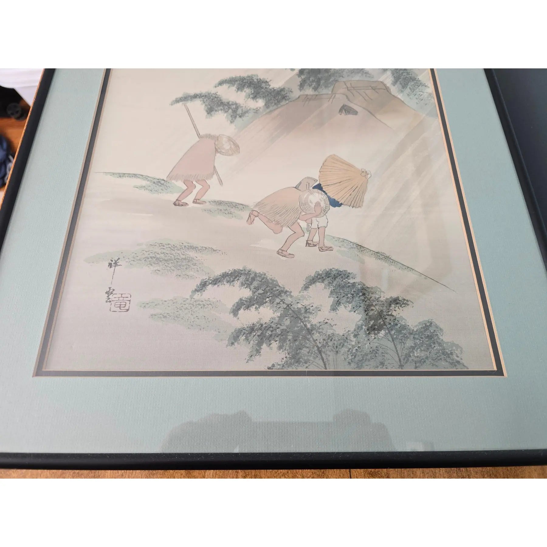 Vintage Japanese Silk Painting Signed Shoun, Travelers in Rain Nihonga Watercolor, Japandi Wall Art, Zen Landscape Decor ain
