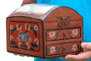 Vintage Chinese Lacquer Jewelry Chest With Famille Rose Porcelain