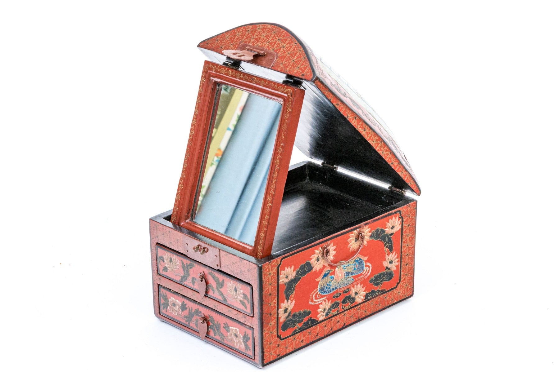 Vintage Chinese Lacquer Jewelry Chest With Famille Rose Porcelain
