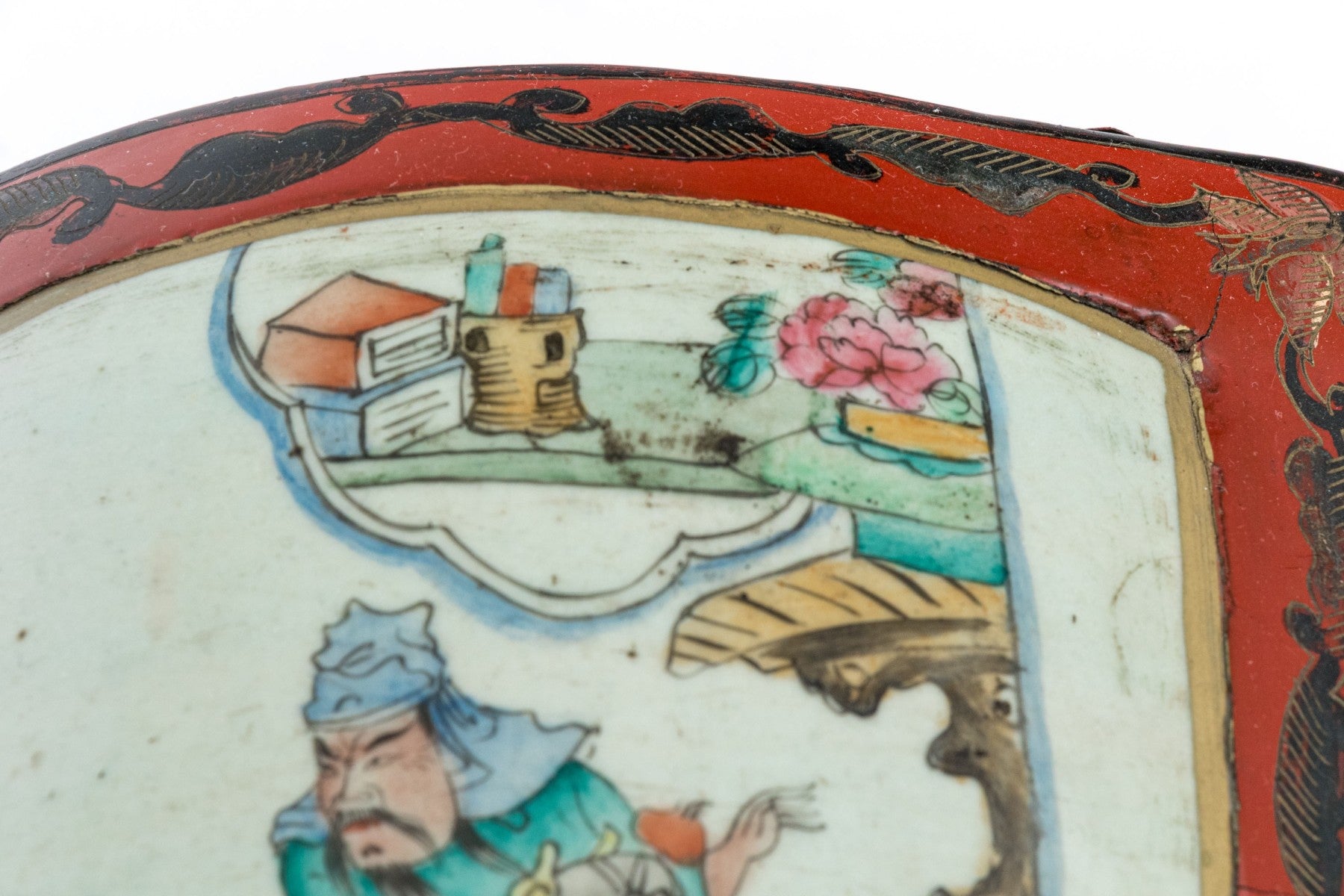Vintage Chinese Lacquer Jewelry Chest With Famille Rose Porcelain
