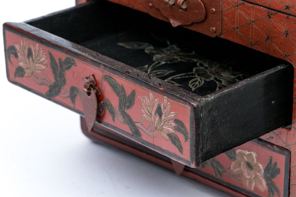 Vintage Chinese Lacquer Jewelry Chest With Famille Rose Porcelain