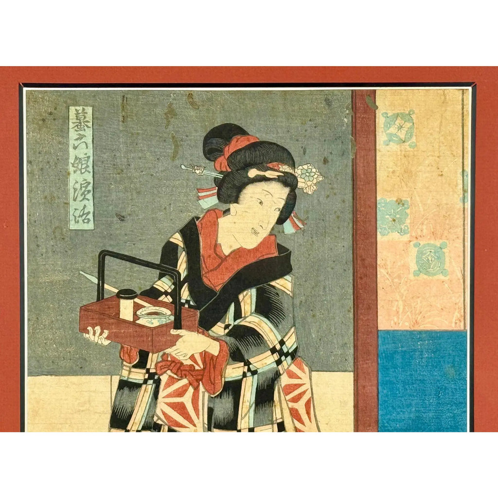 Rare Signed 19th C. Utagawa Kunisada Japanese Woodblock Print, Toyokuni III Ukiyo-e Art, Checkered Kimono Portrait, Antique Edo Period Asian Decor