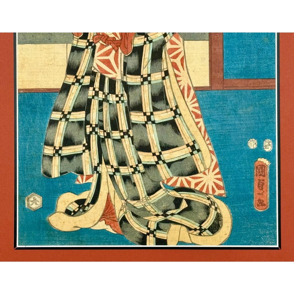 Rare Signed 19th C. Utagawa Kunisada Japanese Woodblock Print, Toyokuni III Ukiyo-e Art, Checkered Kimono Portrait, Antique Edo Period Asian Decor