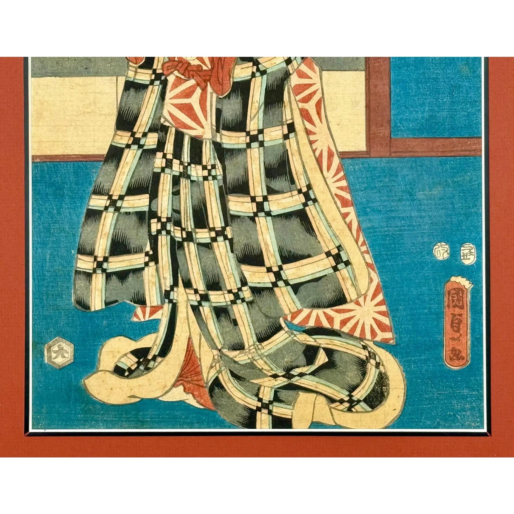 Rare Signed 19th C. Utagawa Kunisada Japanese Woodblock Print, Toyokuni III Ukiyo-e Art, Checkered Kimono Portrait, Antique Edo Period Asian Decor