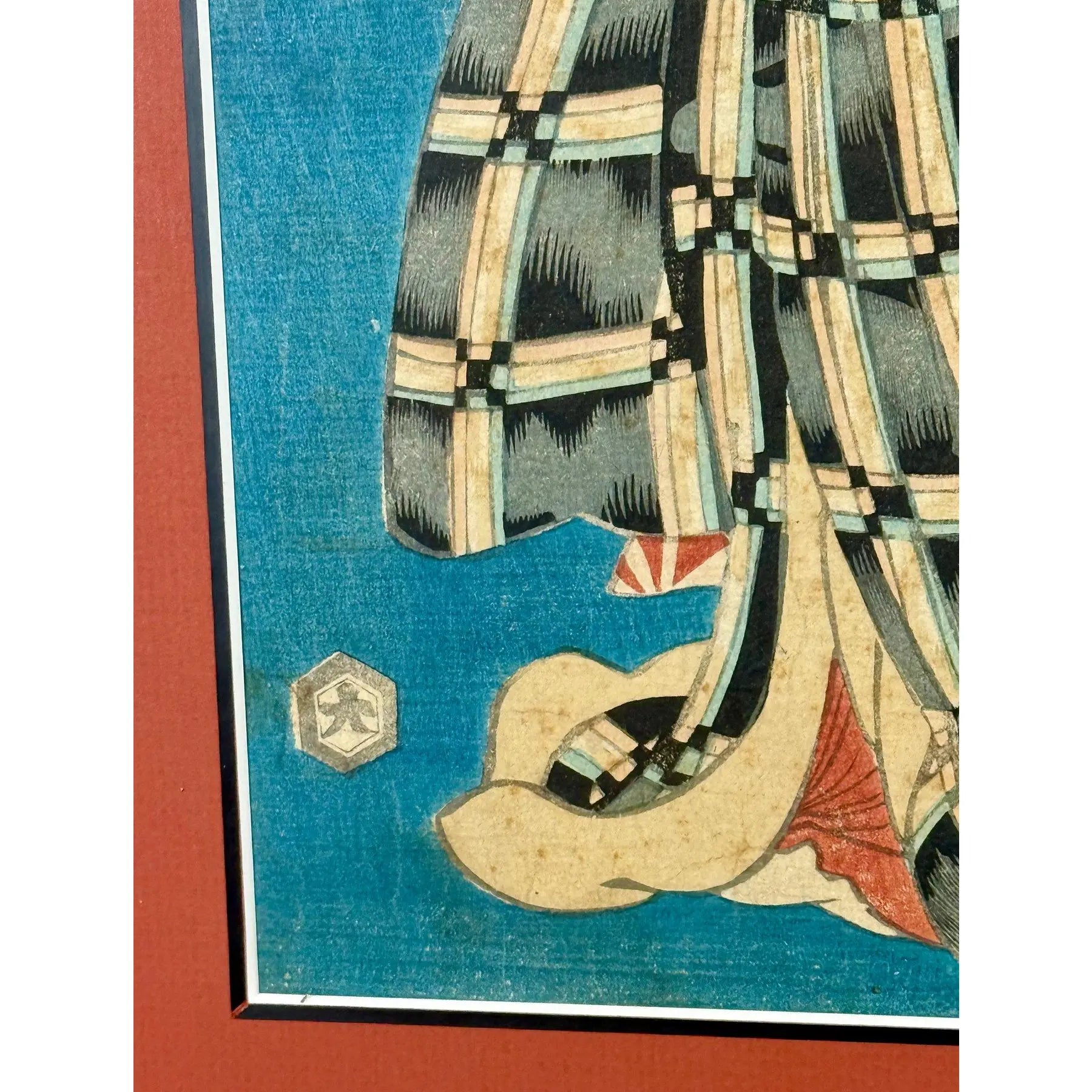 Rare Signed 19th C. Utagawa Kunisada Japanese Woodblock Print, Toyokuni III Ukiyo-e Art, Checkered Kimono Portrait, Antique Edo Period Asian Decor